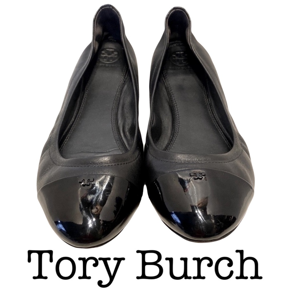 Tory Burch Black Leather Cap Toe Scrunch Ballet Flats Size 8.5